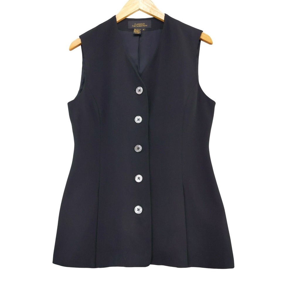 Classiques For Nordstrom Vest Womens M Black 100% Silk Button Front Longline